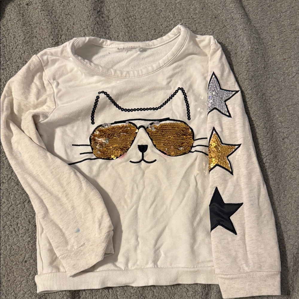5T Girls Long Sleeve Cat Tee with Gold and Black Stars